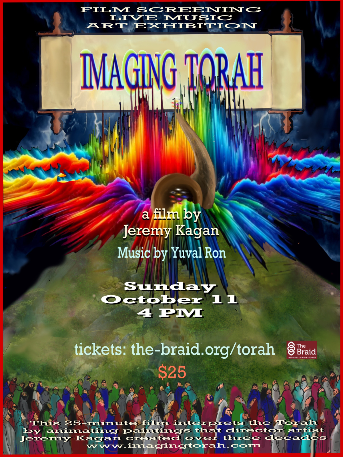 Imaging Torah event poster — film screening, live music, art exhibition